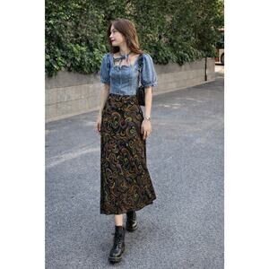 VTG 90s Y2K Slinky Maxi Skirt Abstract Swirl Stretch Psychedelic Boho Art Wear M